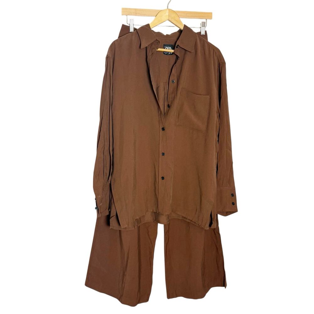 Zara Chocolate Brown 2 Piece Pleated Wide Leg Pants Button Up Shirt Set Size S